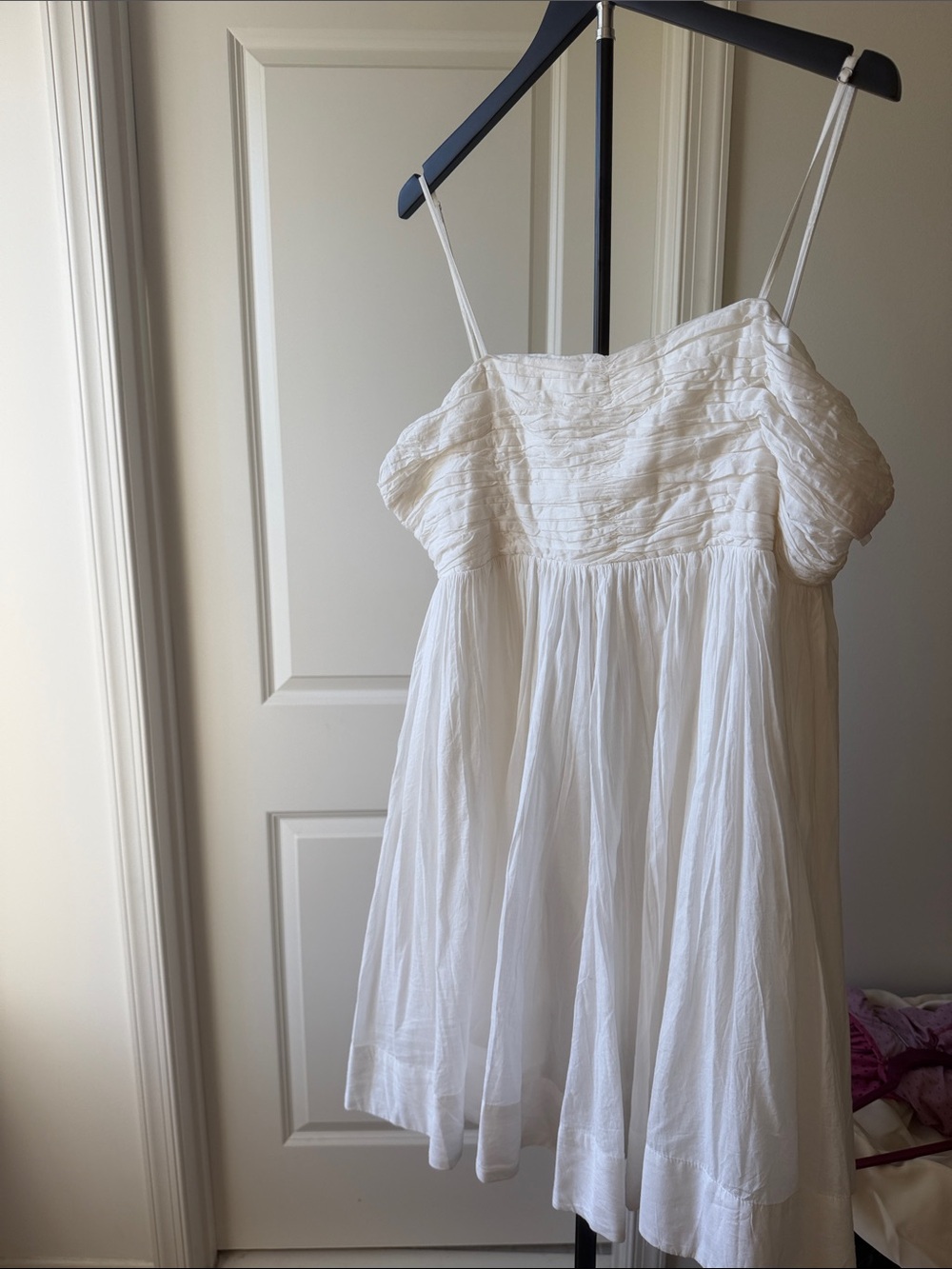 Anthropologie White Ruched Bodice Spaghetti-Strap Mini Dress